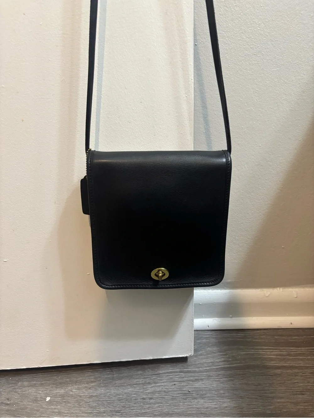 Coach Black Leather Crossbody with Gold Turnlock